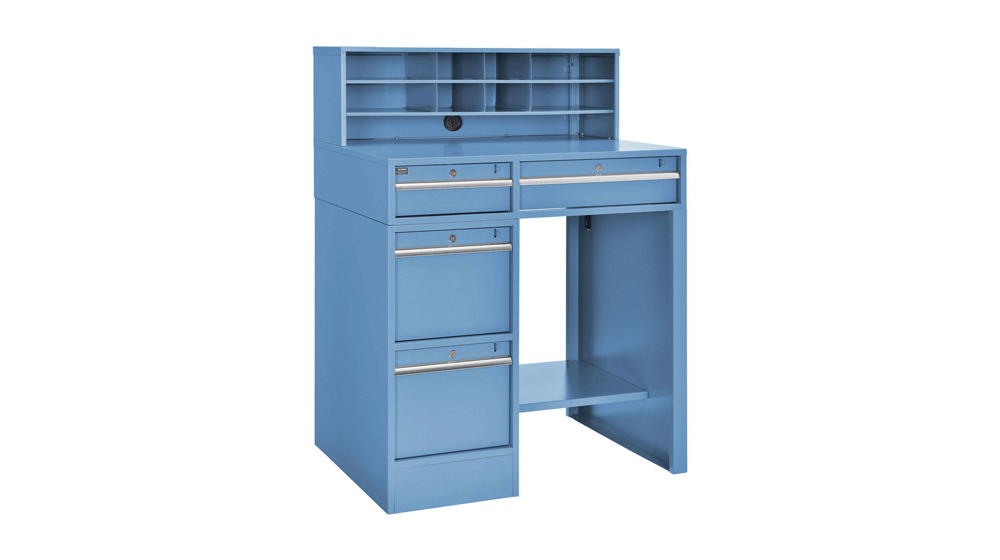 Pedestal Shop Desk, 4 Drawers & Shelf, Blue
