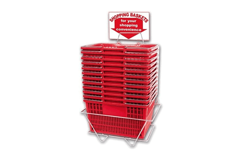 Shopping Basket Set of 12 Durable Red Plastic with Sign and Stand