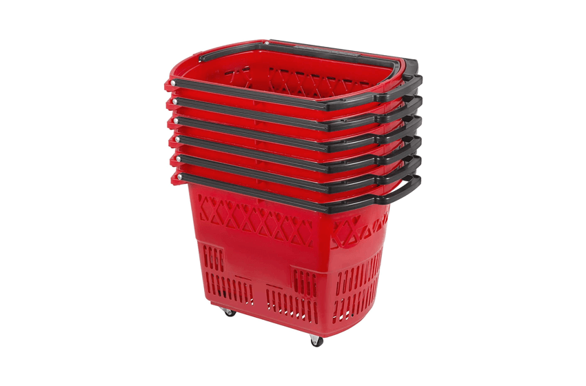 Shopping Basket Set of 6 Durable Red Plastic with Handle and Wheels for Retail Store